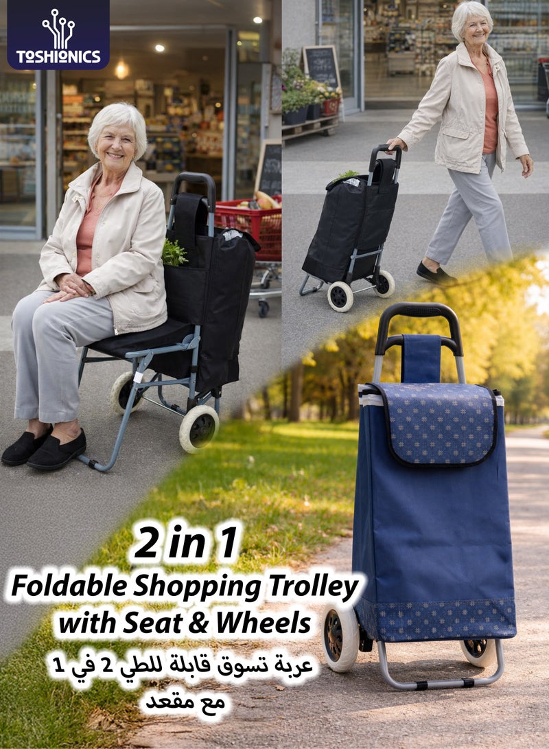 Toshionics Foldable Shopping Trolley Cart with Seat & Wheels | Grocery Shopping Cart Bag with Chair | Heavy Duty Utility Market Trolley | 34L Polyester Storage Bag | 80KG Load Capacity | Model T114707 - Image 1